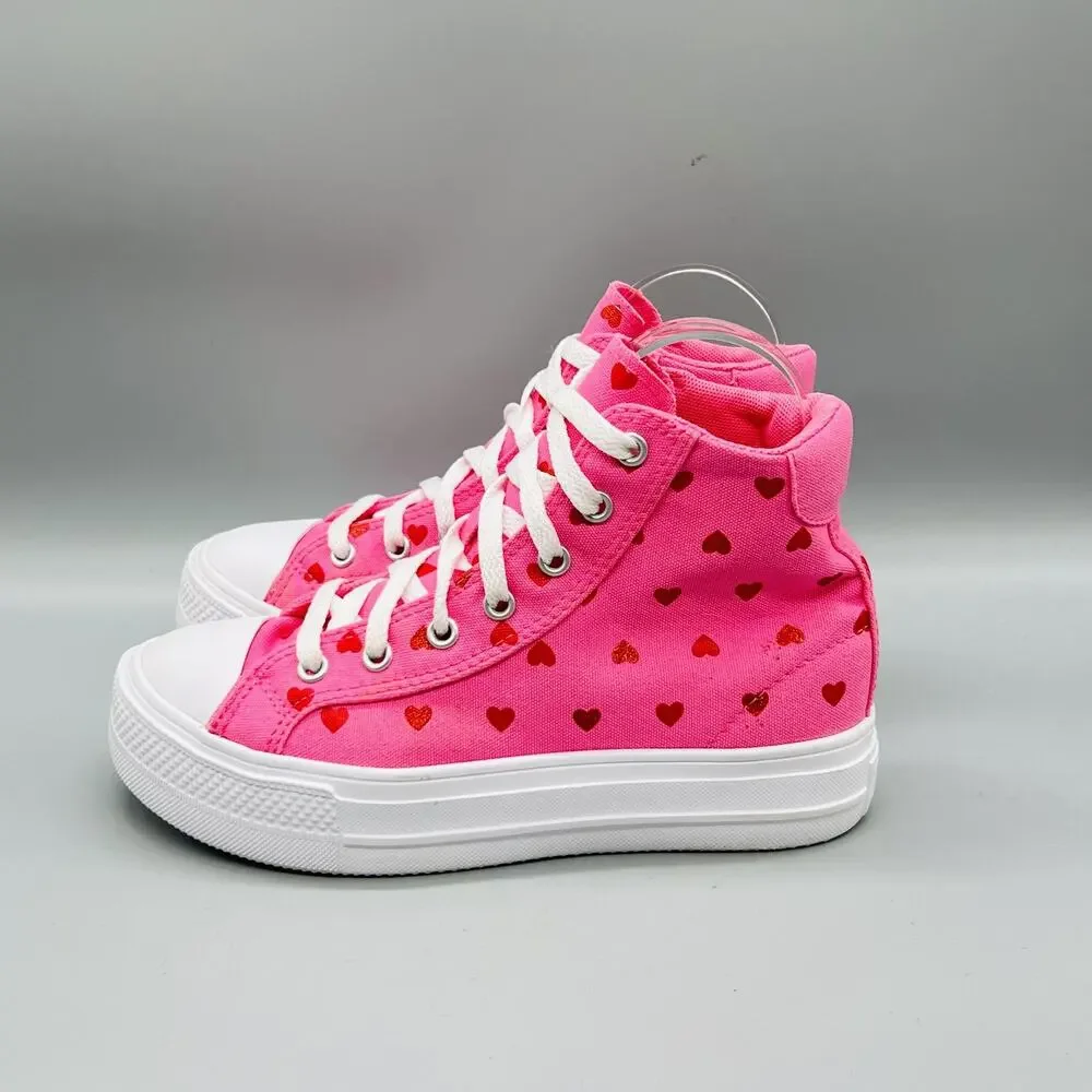 Converse Shoes Youth Girls 3 Pink Canvas Heart Print All Star High Top Sneakers
